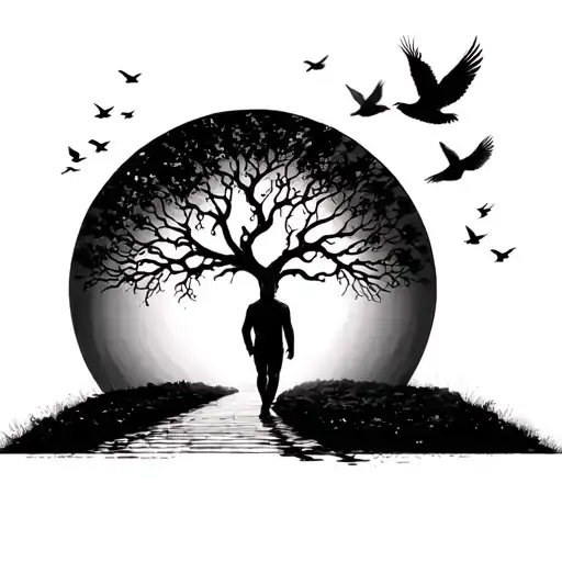 Man Walking On A Path Leading Towards The Tree Of Life With Doves Flying In The Back