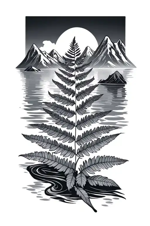 Moari Designed Fern Leaf With Montains And Water In Background