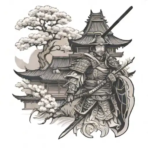 Samurai With Temple And Sakura Tree
