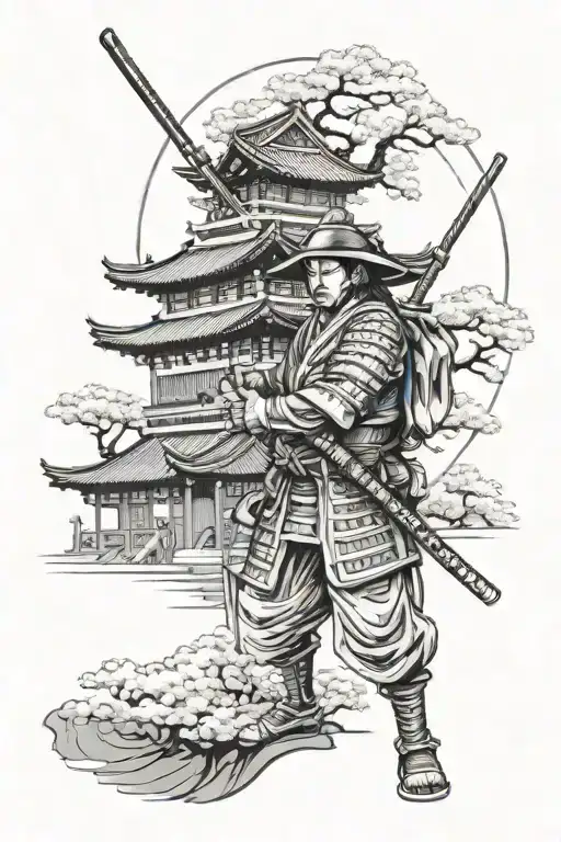 Samurai With Temple And Sakura Tree