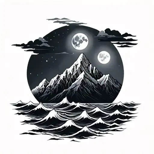 Mountain With Moon And Down The Sea
