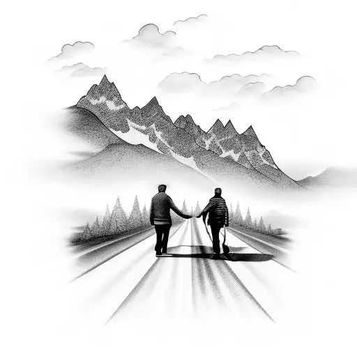 Father And Son On A Road In The Mountains