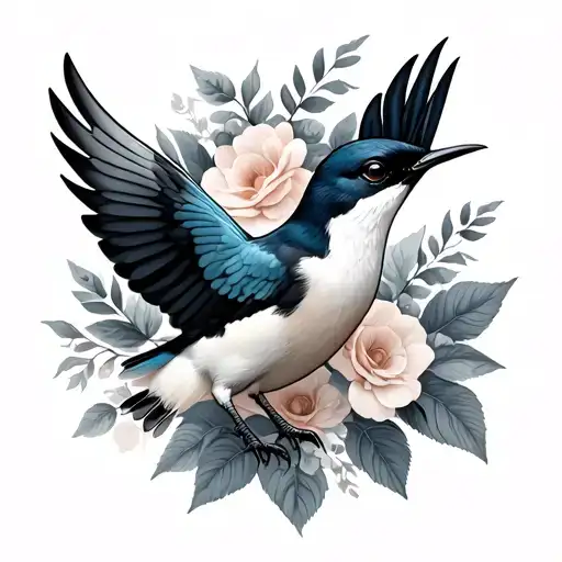 Realistic Swallow With Open Wings With Flowers And Leaves In The Background
