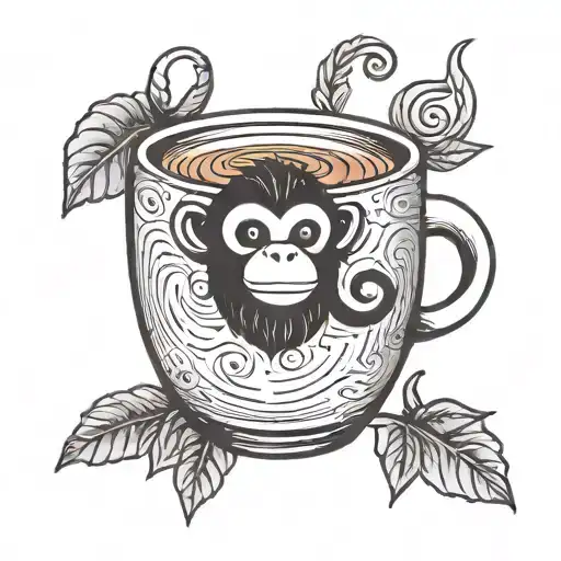 A Minimalist Tattoo Design Of A Coffee Cup With A Tiny Monkey Swinging From The Handle