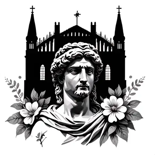 A Greek Statue With A Cathedral Background With Flowers
