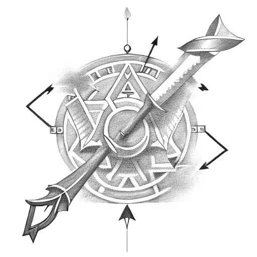 A Black-grey Tattoo Depicting An Arrow Piercing Through A Greek And Egyptian Symbol Combined