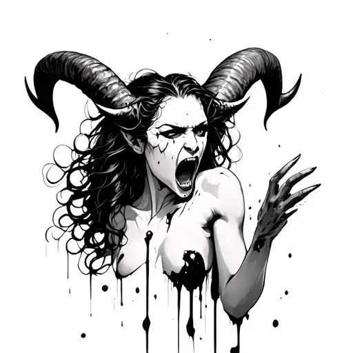 Lilith Demon Shouting Black And White Line Art Blood Splatter Big Horns