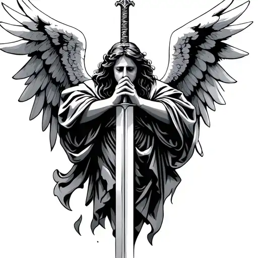 Angel With Spread Wings Holding A Sword And Pray Hands