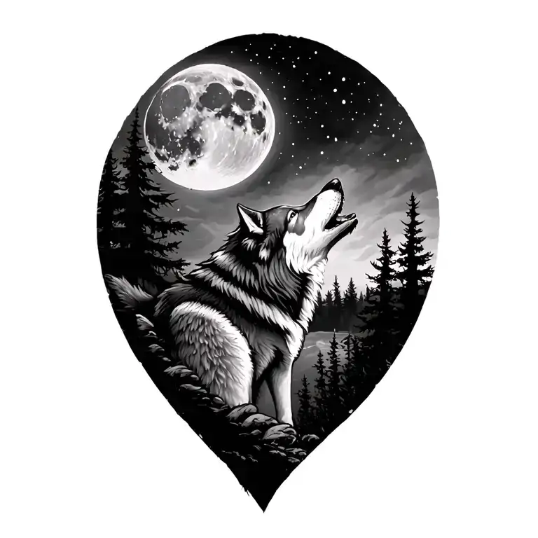 Wolf Howling At The Moon And Forest Scene