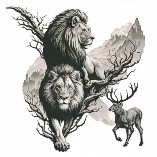 A Hunting Scene In The Mountains With A Lion And Deer Working Together To Catch Their Prey