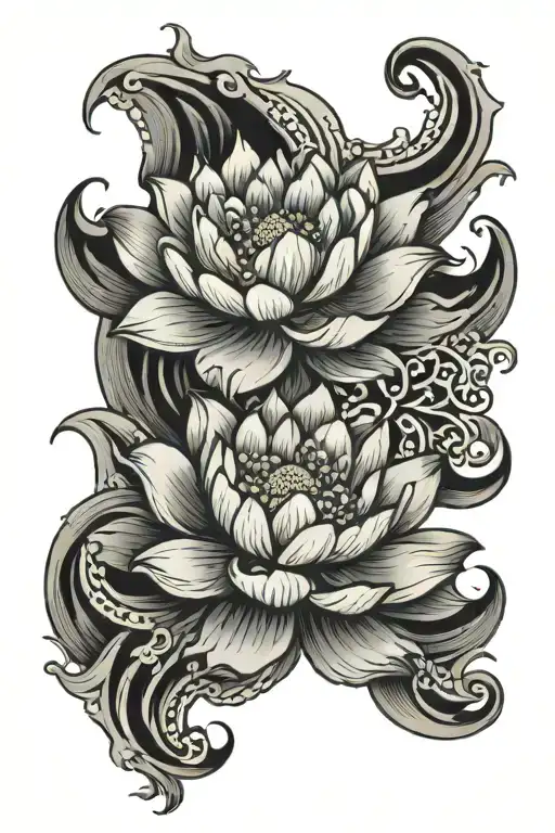 Japanese Waves With Lotus Flower And Hawthorn Flower