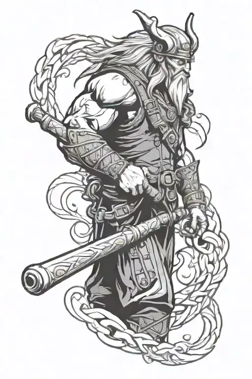 A Pipefitter Wielding A Mythical Norse Weapon In Black-grey Style