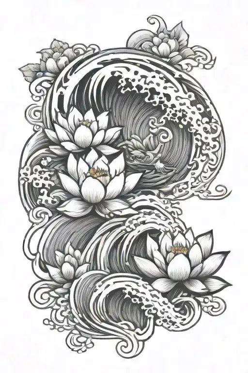 Japanese Waves And Lotus Flower Intertwined