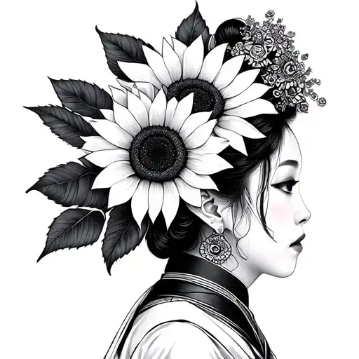 Geisha With Sunflower Mandala Design Incorporating