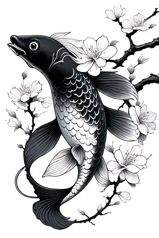 Japanese Koi Fish With Cherry Blossoms