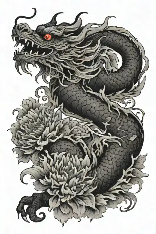 Japanese Dragon With Chrysanthemums Flower