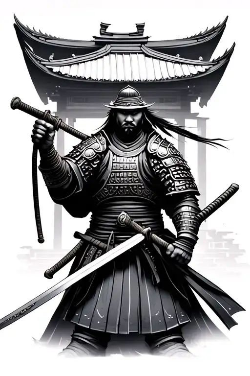 Strong Samurai With Full Armour Holding Katana Sword Standing Infront Of Traditional Temple