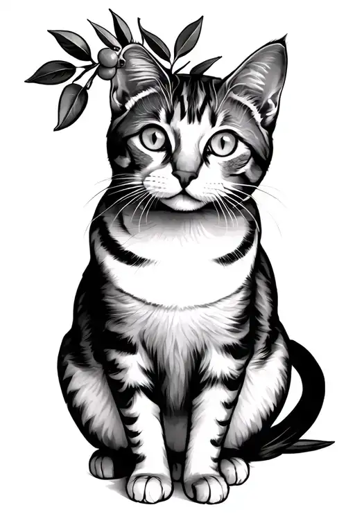 Outline Of A Sitting Cat With An Olive Branch Inside