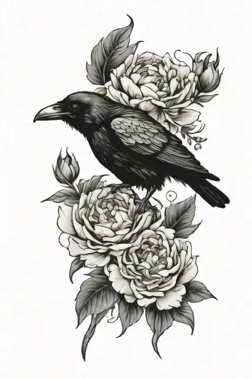 A Mystical Raven Perched On A Blooming Peony Flower