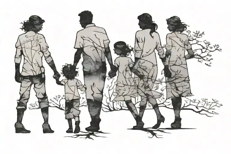 A Silhouetted Family 4 Holding Hands Under A Tree