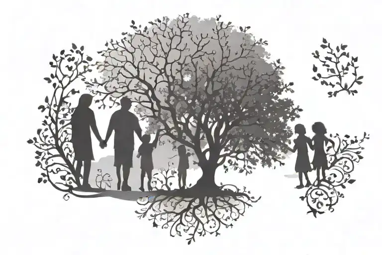 A Silhouetted Family Of 4 Holding Hands Under A Tree