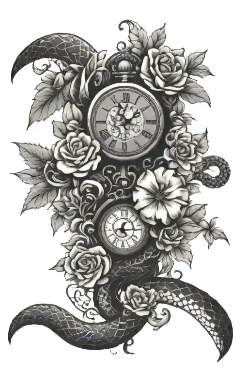 Clock With Snake And Flowers