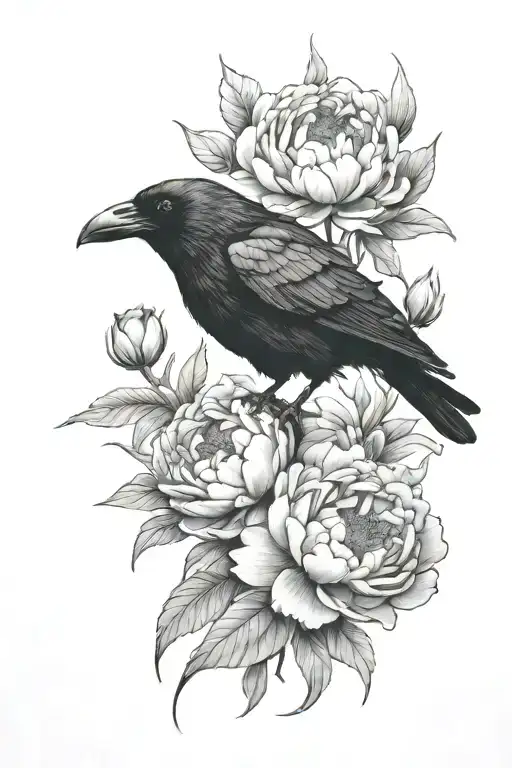 A Mystical Raven Perched On A Blooming Peony Flower