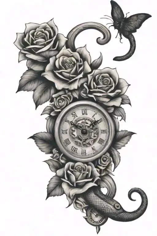 Clock With Snake And Roses With Lilies