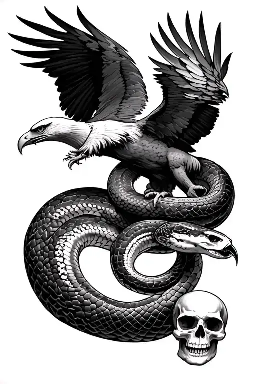 Eagle Fighting A Snake And A Skull Below It