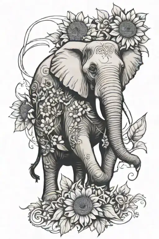 Elephant Carrying Sunflowers Intertwined