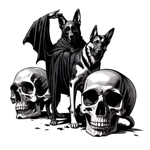 Grim Reaper With German Shepard Dog Standing On Skulls