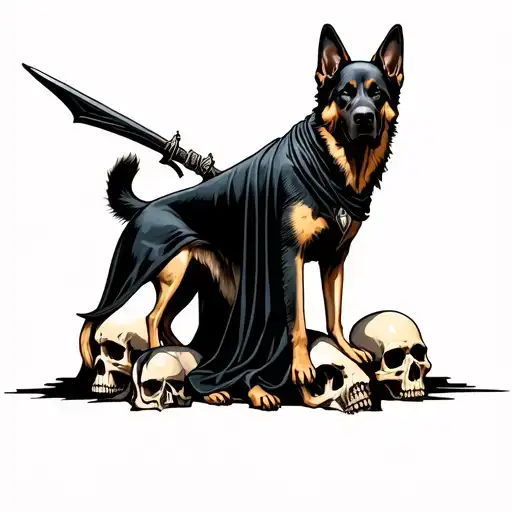 Grim Reaper With German Shepard Dog Standing On Skulls