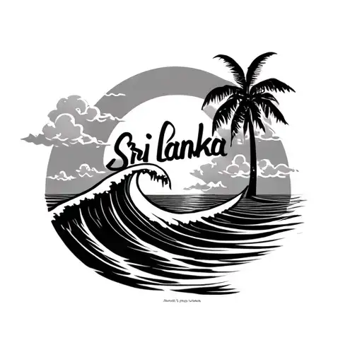 Surf Board With Wave And Sun And Clouds In With 'Sri Lanka' Written In Sinhalese