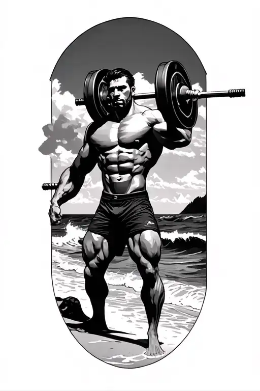 A Muscular Figure Lifting Weights On A Beach With Waves Crashing In The Background