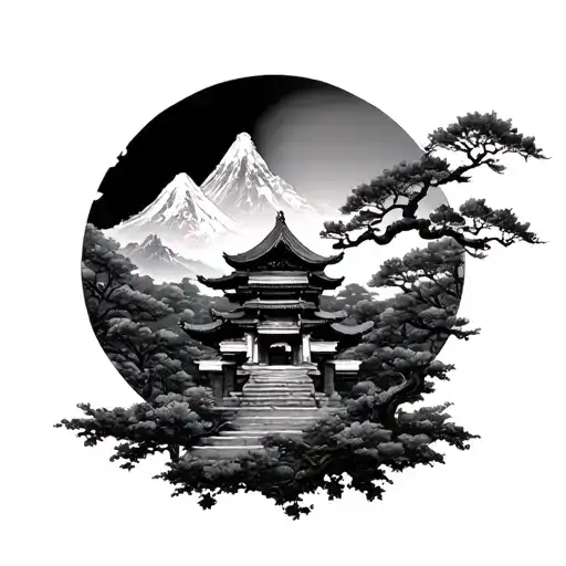 Tori Gate Mountain And Peach Tree Inside The Circle