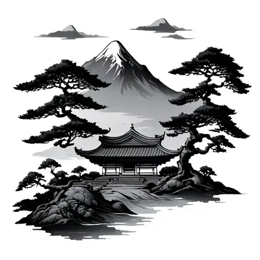 Shinto Shrine With Mountain And Tree Growing