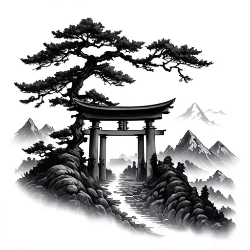 Tori Gate With Mountain And Tree Growing
