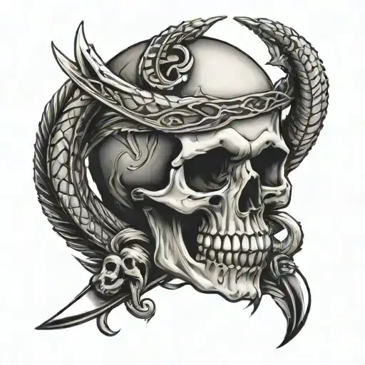 Skull With Two Knives Coming Out Of The Skull And A Snake Around It