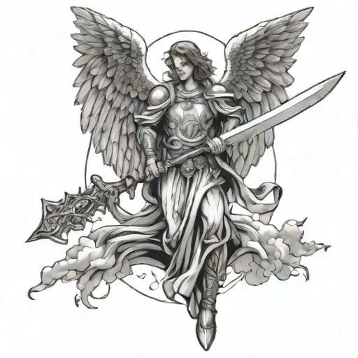 Create A Tattoo Of Gabriel Angel With Sword Falling From Heaven