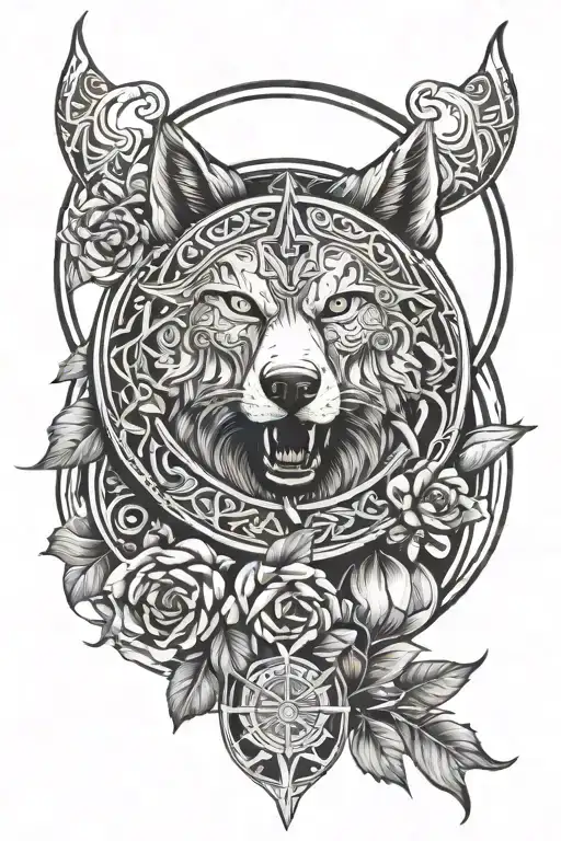 Viking Shield Flower Sun Moon Wolf
