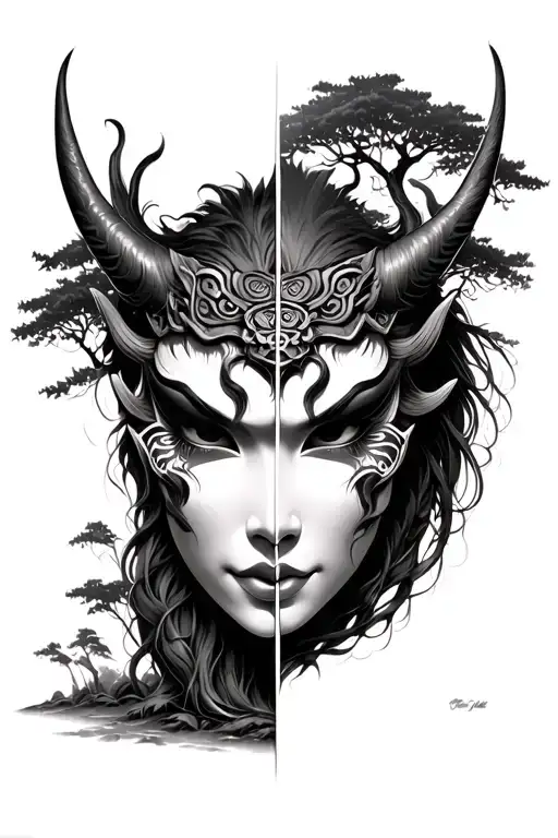 Oni Mask Split In Half Revealing Female Face With Tree In The Background