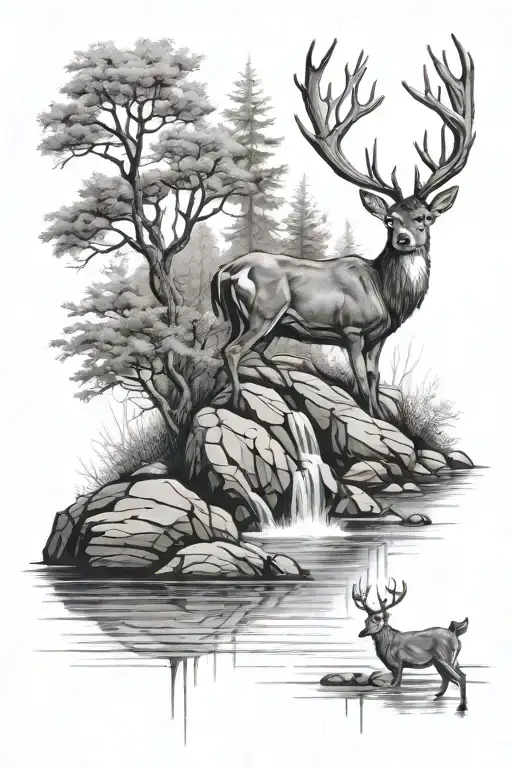 Rocks Water Trees Deer