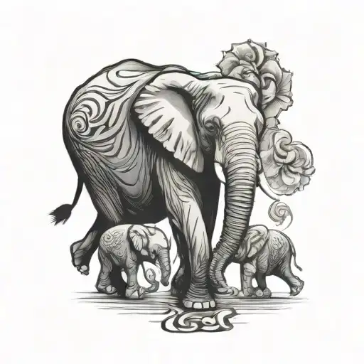 Elephant And Two Babies Abstract