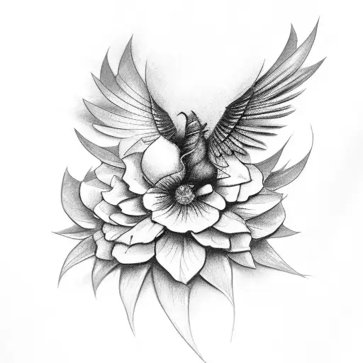 A Realistic Black And Grey Sketch Of A Floral Arrangement With Wings Emerging From It