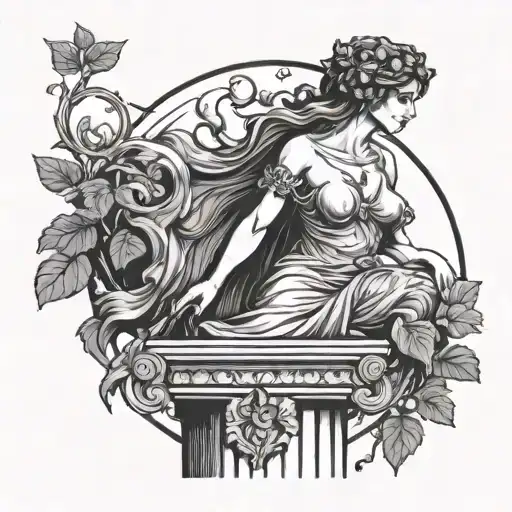Hecate Statue Standing On A Greek Pillar With Poison Ivy Climbing