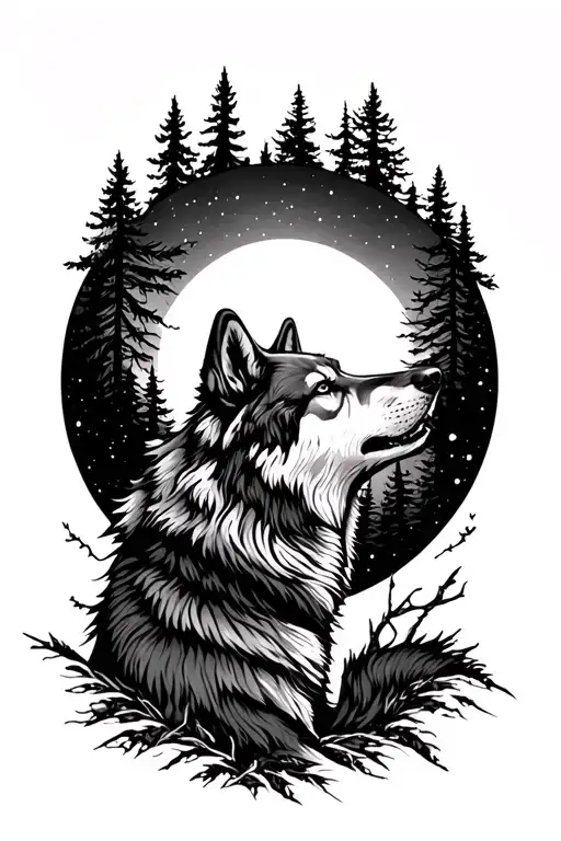 Wolf Howling At The Moon Phase In Forest Filled