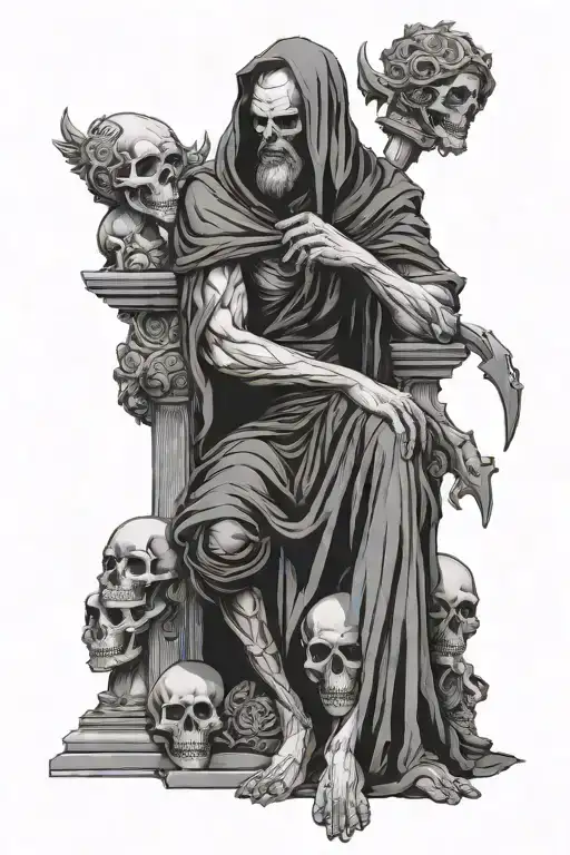 Greek God Hades Dressed As The Grim Reaper Sitting On A Stack Of Skulls