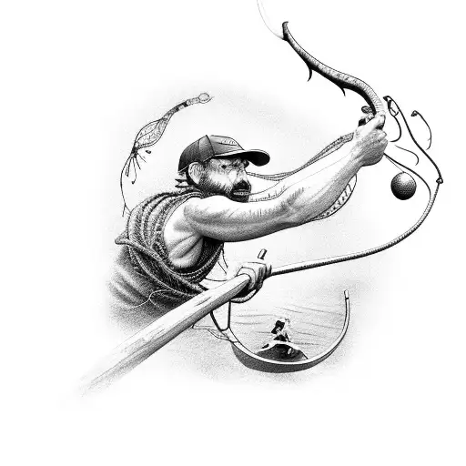 An Intricate Black And Grey Tattoo Of A Fisherman Reeling In A Big Catch