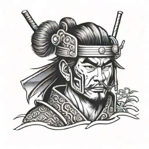 A Samurai Warrior In A Traditional Japanese Landscape Listening To Music On Headphones