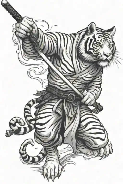 White Tiger Samurai Holding A Katana Sword Going All